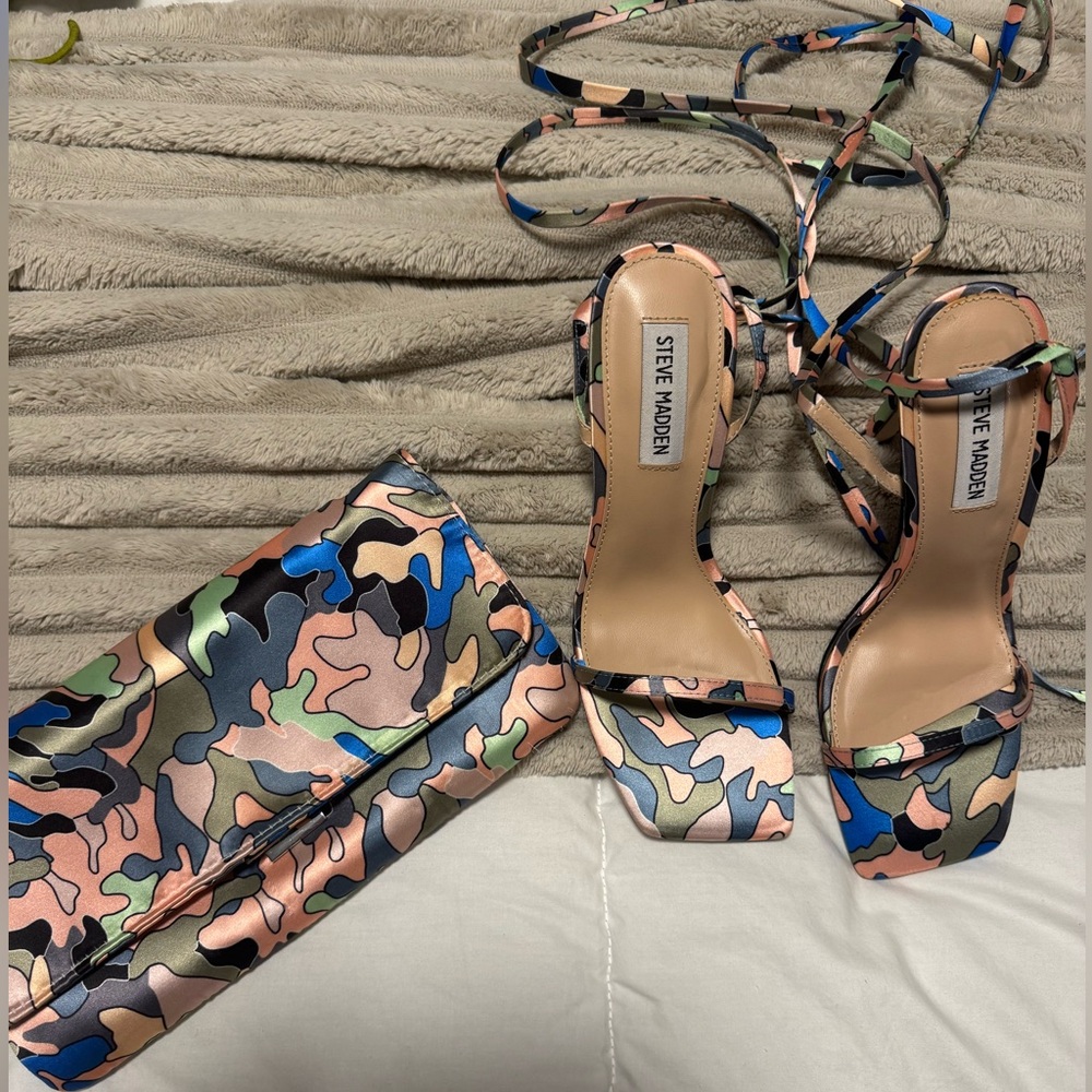 Steve Madden Multicolor Camouflage Heels and Clutch